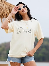 cheap Humor&amp;Quotes tee-Women&#039;s T Shirt Daisy Basic Short Sleeve Round Neck Regular Tops Casual Weekend Print Black White Yellow Pink Navy Blue