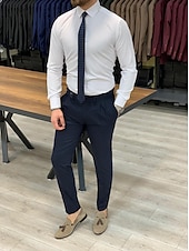 preiswerte Anzüge-Herren Hemd Heimkehr Standardpassform Langarm Revers einfarbig Polyester Schwarz Weiß 2025