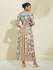 abordables Robes de fête-Robe longue en satin vert à fleurs, col en V, manches bouffantes, pour invités de fête/mariage, pour impressionner 2024