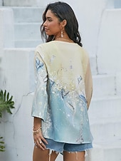 billiga Kvinnors Konst &amp; Design Toppar-Kvinnors Blus Lång Ärmar Asymmetrisk Söm Chiffon Grundläggande Abstrakt Tryck Lång Topp Rund Nack Avslappnad Semester Gul Ljusgrön Vår Höst