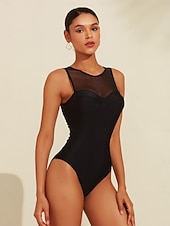 お買い得  デザイナー水着-女性用 スイムウェア ワンピース 水着 単色/無地 ブラック ラウンド 水着 ビーチスタイル