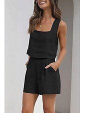 billige Loungewear for damer-Dame lounge Sett Ren farge Mote Grunnleggende Gate Daglig Bomull og lin Pustende Firkantet hals Ermeløs Stropp Topp Shorts Lomme Sommer Vår Svart Rosa