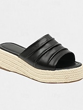 abordables Sandalias de Vacaciones-Mujer Zapatillas Playa de Boho Sandalias con Cuña Alpargata Plataforma Vacaciones Cuero microbiano Negro Blanco