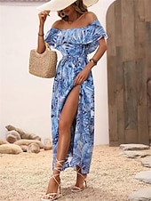 preiswerte Kleider für die Ferien-Damen Freizeitkleid Blumenblatt-Split-Print schulterfrei langes Kleid Maxikleid lässig Boho Date Urlaub 3/4 Ärmel Sommer