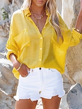 abordables Hauts Unis pour Femmes-Femmes Chemise Couleur Unie Élégant ancien Occasionnel manche longue Col de chemise Hauts Réguliers Quotidien Fête Blanche Jaune Vert Claire Rose Claire Violet Été Printemps