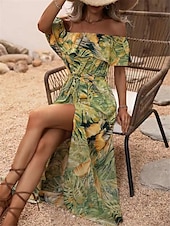 preiswerte Kleider für die Ferien-Damen Freizeitkleid Blumenblatt-Split-Print schulterfrei langes Kleid Maxikleid lässig Boho Date Urlaub 3/4 Ärmel Sommer