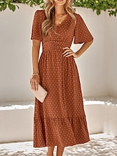 halpa Mekot-Naisten Rento mekko Midimekko Ruffle Trim Deitti Loma Katutyyli Vapaa-aika V kaula-aukko Puolihiha Ruskea Apila Aprikoosi Väri