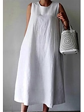 cheap Design Cotton &amp; Linen Dresses-Women&#039;s White Wine Navy Blue Summer Spring Midi Dress White Dress Cotton Linen Dresses Sundress Casual Vacation Daily Loose Fit Plain Crew Neck