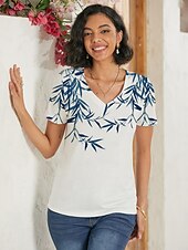 abordables T-shirt Art &amp; Design-t-shirt femme basique imprimé manches courtes hauts réguliers col en V décontracté week-end blanc bleu