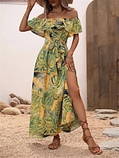 preiswerte Kleider für die Ferien-Damen Freizeitkleid Blumenblatt-Split-Print schulterfrei langes Kleid Maxikleid lässig Boho Date Urlaub 3/4 Ärmel Sommer