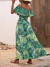 preiswerte Kleider für die Ferien-Damen Freizeitkleid Blumenblatt-Split-Print schulterfrei langes Kleid Maxikleid lässig Boho Date Urlaub 3/4 Ärmel Sommer