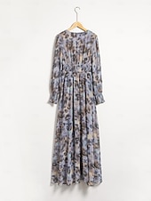 abordables Robes décontractées-femme robe longue invité de mariage bleu manches longues fleurs / plantes mousseline impression printemps &amp;amp;  Robe à motif col en V d&#039;automne, robe volante, robes corset s m l