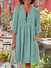 preiswerte Kleider aus Baumwolle und Leinen entwerfen-Damen Weiß Blau Braun Sommer Frühling Minikleid Leinen-inspirierte Kleider Weißes Kleid Freizeitkleid Basic Modern Täglich Wochenende Lässiger Schnitt Einfach V Ausschnitt