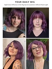 economico Parrucche trendy sintetiche-parrucca bob ondulata viola verde rosa con frangia parrucca viola ombre naturale capelli sintetici lunghezza delle spalle parrucche corte ricci per le donne