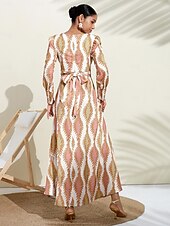 economico Abiti floreali-Per donna Orlo maxi Raso Maxi Vestito maxi SALMONE Bianco Manica lunga Modello di piante Fiore / Piante Pulsante pianta Primavera A V Abito volante S M L