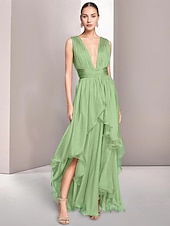 economico Abiti per feste da ballo-Abiti da prom A-Line per matrimoni in spiaggia Abito Elegante Formale Estivo Asimmetrico Senza Maniche V Collo Chiffon con Ruches