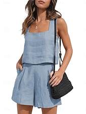 billige Loungewear for damer-Dame lounge Sett Ren farge Mote Grunnleggende Gate Daglig Bomull og lin Pustende Firkantet hals Ermeløs Stropp Topp Shorts Lomme Sommer Vår Svart Rosa