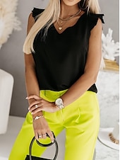 abordables Débardeurs et camisoles femme-Débardeur Femme Noir Blanc Fuchsia Uni Volant Mode Quotidien Col en V Ajustement Régulier S