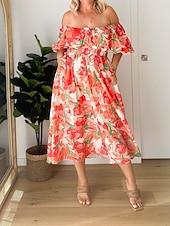 ieftine Rochii de Vacanță-Pentru femei Rochie Lunga Rochie Maxi Rochie casual Rochie leagăn Rochie A line Rochie de vară Stilat Vacanță Zilnic Dată Fit regulat Floral Manșon Jumate De Pe Umăr Roșu-aprins Albastru piscin