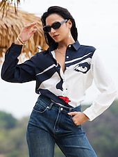 voordelige Vrouwen&#039;s Kunst &amp; Design Tops-Dames Shirt Basis Abstract Knopen Print Lange Mouw Regular Tops Shirt Kraag Casual Zwart Lente Herfst
