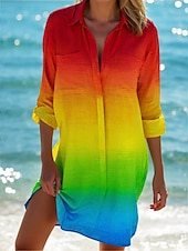 voordelige Blousejurken-dames strand cover-up lange mouw v-hals marine print knoopsluiting roltab mouw wit blauw one size resortkleding zomer zeeleven patroon kleding kleding