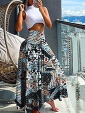 voordelige Grafische rokken-dames rok a-lijn swing maxi rokken print bloemen paisley vakantie zomer vintage boho zwart-wit zwart rood marineblauw