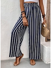 voordelige wijde pijpen en hoge taille-Dames Breed Been Broeken Casual / Dagelijks Lang Gestreept Breed Been Opdrukken Ademend Comfortabel Micro-elastisch Kantoor / Formeel Marineblauw Lente zomer Normale pasvorm