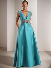 abordables Robes de bal de promo-Robes de Prom A-Line Robe Élégante Formelle Prom Longueur de Sol Sans Manches V Col Poche Satin avec Appliqués
