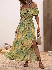 preiswerte Kleider für die Ferien-Damen Freizeitkleid Blumenblatt-Split-Print schulterfrei langes Kleid Maxikleid lässig Boho Date Urlaub 3/4 Ärmel Sommer