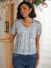 baratos Camiseta lisa-Mulheres Camiseta Listrado Básico Clássico Estampado Manga Curta Decote V Tops regulares Casual Feriado Final de semana Imprimir Branco Cinzento Verão Primavera