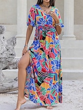 preiswerte Kleider für die Ferien-Damen kleid lang Chiffon-Kleid Elegant Böhmen Vintage Urlaub Party Täglich Lockere Passform Blumen Kurzarm Asymmetrisch Blau Sommer