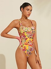 billige designer badetøy-Dame Badetøy Ett stykke Badedrakt Avtagbar pad Rynket utringing Boho Paisley Damask Gul Torget Badedrakter Trykt mønster ny Ferie Strand Klær Strandstil