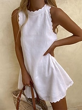 economico Abiti casual bianchi-Per donna Mini Abito Abito Bianco Abito da laurea Abito in cotone e lino Vestito Estivo Essenziale Casual Quotidiano Vacanza Data Vestibilità regolare Semplice Senza Maniche Girocollo Blu Nero Bianco