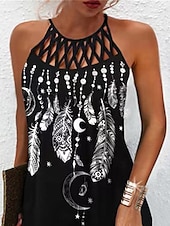 olcso Sundresses-Női Mini ruha hétköznapi ruha nyári ruha Slip ruha Hawaii Alkalmi Vakáció Napi Tengerpart Normál Virágos Toll Ujjatlan Pántos Fekete Nyár
