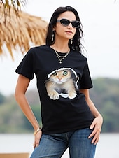 economico Maglietta Animali-Per donna maglietta Maglietta divertente Nero Bianco Pop art Gatto Stampa Manica corta Informale Giornaliero Essenziale Rotonda Standard 100% cotone Gatto 3D S