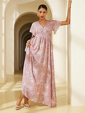 cheap Print Casual Dress-Chiffon Wedding Guest Floral V Neck Corset Maxi Dress