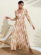economico Abiti floreali-Per donna Orlo maxi Raso Maxi Vestito maxi SALMONE Bianco Manica lunga Modello di piante Fiore / Piante Pulsante pianta Primavera A V Abito volante S M L