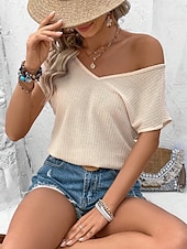 cheap Lace Tops-Women&#039;s White Elegant Lace Tops Eyelet Blouse Dressy Tops Bohemia Casual Short Sleeve V Neck Lace Romantic Petite Tops Summer Holiday Wear White Summer