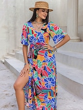 preiswerte Kleider für die Ferien-Damen kleid lang Chiffon-Kleid Elegant Böhmen Vintage Urlaub Party Täglich Lockere Passform Blumen Kurzarm Asymmetrisch Blau Sommer