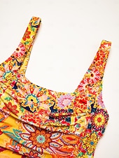 billige designer badetøy-Dame Badetøy Ett stykke Badedrakt Avtagbar pad Rynket utringing Boho Paisley Damask Gul Torget Badedrakter Trykt mønster ny Ferie Strand Klær Strandstil