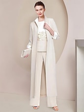 abordables Costumes-pantalons pour maman-Combinaison  tailleur de 3 pièces mère de la mariée invitée de mariage formelle élégante encolure dégagée longueur au sol tissu extensible en dentelle manches 3/4 enveloppe incluse avec appliques 2025