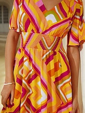 Damskie Sukienki szyfonowe Sukienka maxi Pomarańczowy Krótki rękaw Geometryczny Drukowanie Wiosna i lato W serek Sukienka wzór S M L tanie Sukienki kwiatowe-Damskie Sukienki szyfonowe Sukienka maxi Pomarańczowy Krótki rękaw Geometryczny Drukowanie Wiosna i lato W serek Sukienka wzór S M L
