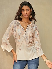 お買い得  フローラルTシャツ-ウィメンズ T シャツ 基本 フローラル ボタン プリント 3/4 長袖 レギュラー トップス ラウンドネック ホリデイ イエロー ブルー