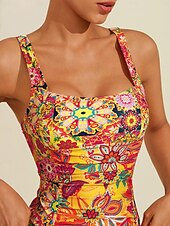 billige designer badetøy-Dame Badetøy Ett stykke Badedrakt Avtagbar pad Rynket utringing Boho Paisley Damask Gul Torget Badedrakter Trykt mønster ny Ferie Strand Klær Strandstil