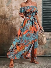 preiswerte Kleider für die Ferien-Damen Freizeitkleid Blumenblatt-Split-Print schulterfrei langes Kleid Maxikleid lässig Boho Date Urlaub 3/4 Ärmel Sommer