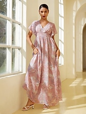 cheap Print Casual Dress-Chiffon Wedding Guest Floral V Neck Corset Maxi Dress
