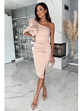 abordables Robe de cocktail-Moulante Femme Robe mi-longue Asymétrique Cuisse fendue Formel Rendez-vous Elégant Une Epaule Demi Manches Standard Noir Rouge Violet S M L XL XXL