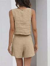 billige Loungewear for damer-Dame lounge Sett Ren farge Mote Grunnleggende Gate Daglig Bomull og lin Pustende Firkantet hals Ermeløs Stropp Topp Shorts Lomme Sommer Vår Svart Rosa
