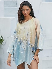 billiga Kvinnors Konst &amp; Design Toppar-Kvinnors Blus Lång Ärmar Asymmetrisk Söm Chiffon Grundläggande Abstrakt Tryck Lång Topp Rund Nack Avslappnad Semester Gul Ljusgrön Vår Höst