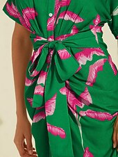 abordables Robes décontractées-Femme Robe imprimée Robe mi-longue Robe mi-longue Vert Manche Courte Plantes Froncé Eté Col V Robe Motif S M L